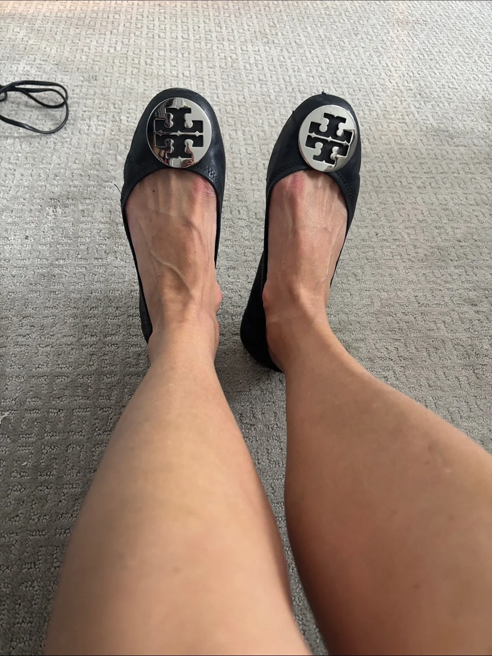 Tory Burch Black Leather Logo Round-Toe Ballet Flats